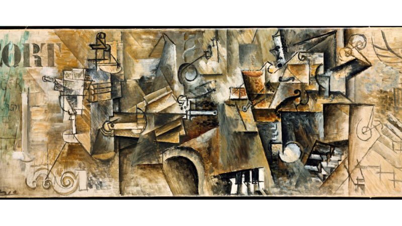 Picasso_Bouteille, verre à absinthe, éventail, pipe, violon, clarinette sur un piano, 1911/12