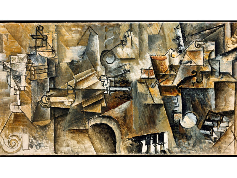 Picasso_Bouteille, verre à absinthe, éventail, pipe, violon, clarinette sur un piano, 1911/12