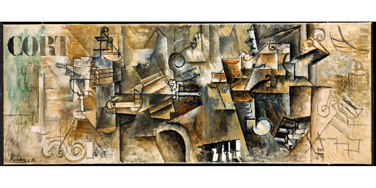 Picasso_Bouteille, verre à absinthe, éventail, pipe, violon, clarinette sur un piano, 1911/12